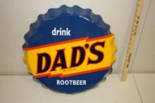 TIN "DRINK DAD'S ROOT BEER" BOTTLE CAP SHAPE SIGN, 19" DIAMETER