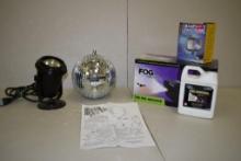 VINTAGE MOTORIZED DISCO BALL, FOG MACHINE AND SPOTLIGHT