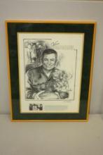 VINCE LOMBARDI MATTED AND FRAMED CHARCOAL PORTRAIT, 24' X 19"