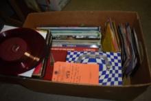 BOX WITH LARGE LOT OF ASSORTED UNPICKED ESTATE 45'S AND EMPTY ROCK N ROLL CD LONG BOXES
