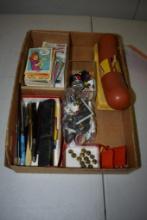 BOX WITH VINTAGE MISC., SMALLS; SUMMERFEST PINS, SUMMERFEST BOTTLE CAPS, BAZOOKA JOE COMICS,