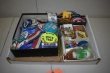 BOX OF VARIOUS PATCHES, PINS, KEY CHAINS, ETC.