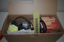 BOX OF VINTAGE CAMERA EQUIPMENT; FLASHES, FILTERS, LENSES, ETC.