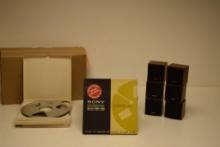 BOX WITH 10" REEL TO REEL TAPES AND SMALL SPEAKERS