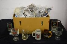 BOX WITH MISC. BEER MUGS, GLASSES, PITCHERS, ETC., VARIOUS BRANDS