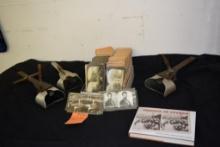 (3) ANTIQUE STEREO VIEWERS WITH BOX OF STEREO SLIDES