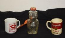 (2) VINTAGE MUGS AND HONEY BEAR PIGGY BANK
