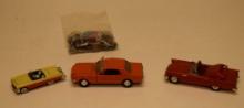BOX WITH VINTAGE TOY CARS AND BAG OF CAR PATCHES, PINS, KEY TAGS, ETC.