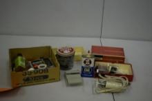 BOX OF MISC TAPE RECORDING SUPPLIES, HEAD CLEANER, HEAD DEMAGNETIZER, SPLICER, ETC.