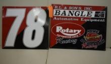 (2) VINTAGE ROTARY AUTOMOTIVE LIFT ADVERTISING SIGNS, BANGLE EQUIPMENT SIGNS, 30" X 24"