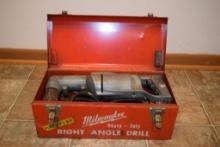 VINTAGE MILWAUKEE TOOL PLUMBERS KIT, RIGHT ANGLE DRILL WITH BITS IN METAL TOOL BOX