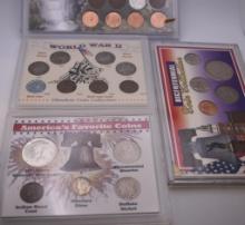 (4) COLLECTOR PACK COINS; AMERICAS COINS, BICENTENNIAL COINS, 9 DECADES OF PENNIES, WWII