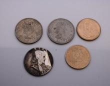 (5) COINS; 4 ONE DOLLAR, 1 HALF DOLLAR