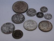 LOT OF 1964 AND EARLIER SILVER COINS, INCLUDING 1921 MORGAN SILVER DOLLAR, 2) 1943 WALKING LIBERTY
