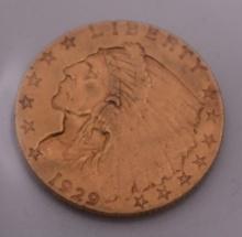 1929 $2.50 US INDIAN GOLD QUARTER EAGLE COIN NATIVE AMERICAN, APPROXIMATELY .121 TROY OUNCES GOLD