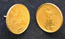 PAIR OF US AMERICAN GOLD EAGLE COINS WITH EARRING BACKS, 1 TROY OUNCE GOLD, 22 KARATS