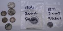 PRE 1964 SILVER COINS DIMES QUARTERS NUMISMATICS, WITH RARE 1871 3 CENT NICKEL, 1866 2 CENT PENNY