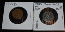 RARE 1943 STEEL WHEAT LEAF AND 1944D LINCOLN PENNY NUMISMATIC COINS