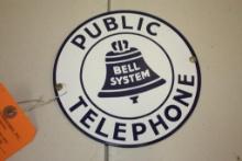 PUBLIC TELEPHONE BELL SYSTEM SIGN, PORCELAIN, 7" DIAMETER