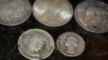5 ASSORTED SILVER COINS INCLUDING 1924 PEACE DOLLAR, 1898 MORGAN SILVER DOLLAR, US ASSAY OFFICE,