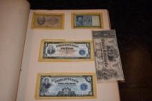 RARE WORLD PAPER CURRENCY AND COIN SCRAP BOOK, 1940S PANAMA, JAPAN, FRANCE, UK AND MORE
