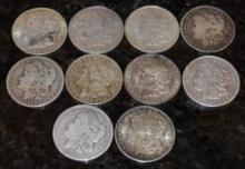 QUANTITY 10 MORGAN SILVER DOLLARS, 90% SILVER COIN NUMISMATIC