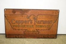 CAPPER'S FARMER PROTECTIVE SERVICE, "THIEVES BEWARE" SIGN, 13.5" X 8" TIN