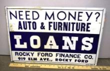 ROCKY FORD FINANCE CO. LOAN ADVERTISING SIGN, 21" X 14.5" TIN