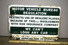 MOTOR VEHICLE BUREAU REGULATION SIGN, 20" X 14" TIN