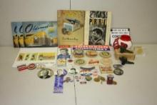 BOX WITH VARIOUS POLITICAL PINS/ADS, BEER COASTERS, OLDSMOBILE MAGAZINES,