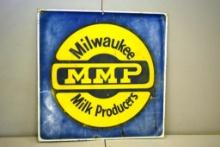 MILWAUKEE MILK PRODUCTS ADVERTISING SIGN, 18 " X 18" TIN