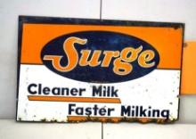SURGE CLEANER MILK FASTER MILKING ADVERTISING SIGN, 19" X 12" TIN