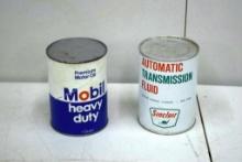 (2) VINTAGE FULL 1 QUART CANS; MOBIL HEAVY DUTY OIL AND SINCLAIR AUTOMATIC TRANSMISSION FLUID