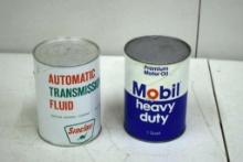 (2) VINTAGE FULL 1 QUART CANS; MOBIL HEAVY DUTY OIL AND SINCLAIR AUTOMATIC TRANSMISSION FLUID