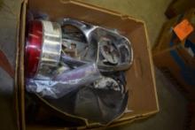 BOX OF MISC VINTAGE AUTOMOBILE PARTS, NAME PLATES, '58 T-BIRD TAILLAMP, '66 GALAXIE H/C BEZEL, ETC.