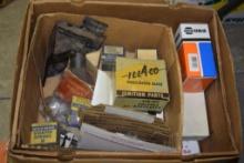 BOX OF VINTAGE SPARK PLUGS, STARTER SPRINGS, IGNITION PARTS, ETC.