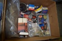 BOX OF VINTAGE AUTOMOTIVE IGNITION PARTS, RADIATOR CAPS, PARTS, ETC.