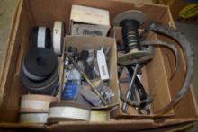 BOX OF MISC CAR PARTS, VINTAGE IGNITION PARTS, SOME TOOLS, HEAT WRAP, NYLON STRAPS, ETC.