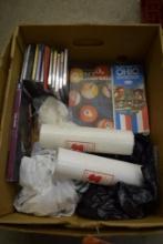 BOX WITH VINTAGE BILLIARD BALLS, 2 BADGER SPRING ROUND UP COLLECTORS COCA-COLA BOTTLES, CD'S