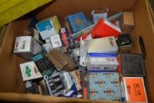 BOX OF VINTAGE AUTOMOTIVE IGNITION AND ELECTRICAL PARTS