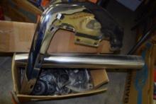 SMALL BOX OF VINTAGE EXHAUST PARTS, UNKNOWN MAKE CHROME BUMPER END, CHROME DECALS, ETC.