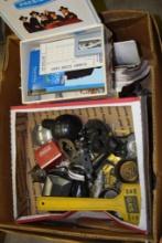 BOX OF VINTAGE AUTOMOTIVE IGNITION PARS, MISC. SMALLS