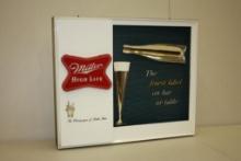 VINTAGE MILLER HIGH LIFE BEER SIGN. "THE FINEST LABEL ON BAR OR TABLE" 17" X 20"