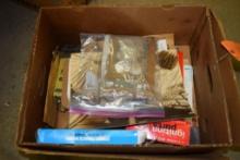 BOX OF MISC VINTAGE AUTOMOTIVE SMALLS CALENDARS, PARTS, ETC.