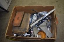 BOX OF MISC VINTAGE AUTOMOTIVE PARTS AS SHOWN