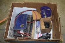 BOX OF MISC VINTAGE AUTOMOTIVE PARTS, 1964 CHRYSLER IMPERIAL OPERATION INSTRUCTION BOOK