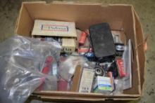 BOX OF MISC VINTAGE AUTOMOTIVE PARTS, SPARK PLUGS, BULBS, FREEZER FLANGE, ETC.