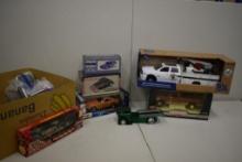 BOX WITH MISC ITEMS, MOSTLY CARS; RAM 3500 TRUCK IN BOX, SNAP ON 1846 CHEVROLET IN BOX, ETC.