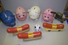 BOX WITH VINTAGE PIGGY BANKS AND 3 OSCAR MAYER COIN BANKS