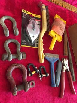 Misc. Items: Stanley Die cast chalk line reel, eye nut, syringe, and more